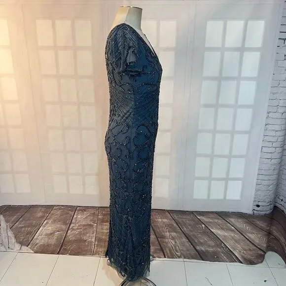 Pisarro Nights Sapphire Beaded Mesh V-Neck Short Sleeve Formal Gown Size 4 - Picture 8 of 14
